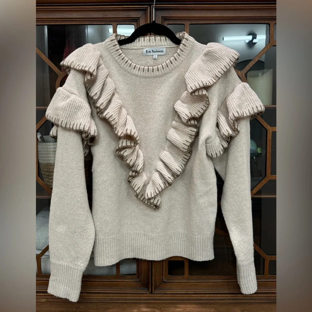 En Saison Pullover Rene Ruffle-Trim Sweater in Tan Small